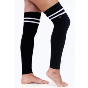 AREBESK CLASSIC TERRY LEG WARMERS BLACK WITH 2 WHITE STRIPES ONE SIZE NWOT - Picture 1 of 3