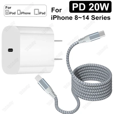 PD 20W Power Adapter Fast Charger Braided Cable For iPhone 14 13 12 11 XS XR X 8 - Image 1 of 4