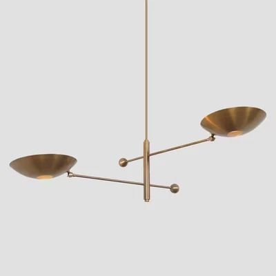 Two Light Brass Disk Flush Mount Pendant Light Mid Century Style Chandelier - Image 1 of 4