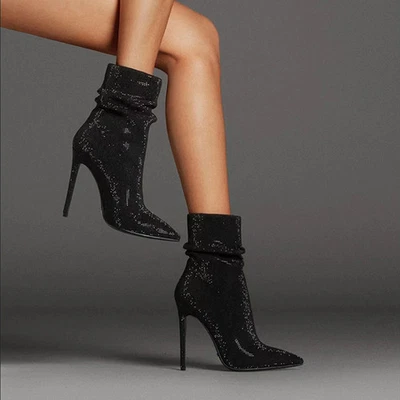 Botas cortas de terciopelo con pedrería para mujer punta punta tacón alto botines al tobillo Foto 1 de 4