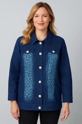 Quacker Factory Women’s Denim Jacket 1X Blue Leopard Print Rhinestone Buttons - Image 1 of 4
