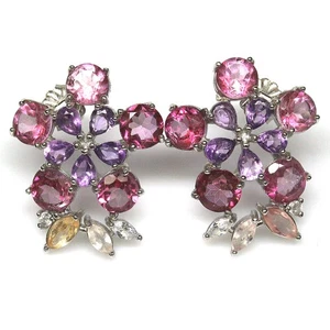 925 Silver Azotic Pink Topaz, Amethyst, Sapphire & Zircon Earrings - Picture 1 of 4