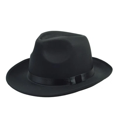 Sombrero de ala Fedora de gángster satinado negro para hombre Trilby vestido gorra utilería accesorio de disfraz Foto 1 de 4