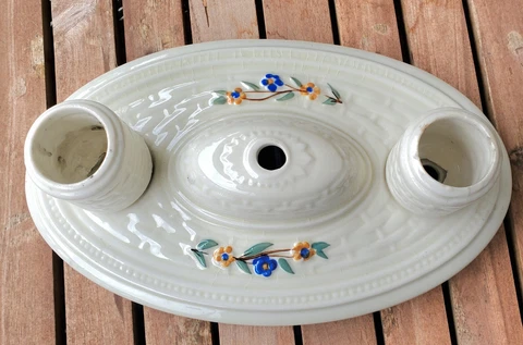 Antique Flush Mount Double Light Fixture Porcelain Hand Painted Architectural Cover