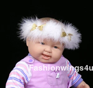 Elastic marabou feather ring w/natural pearls and golden bows halo/cuff/neckwear - Picture 1 of 1