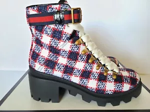 New Auth Gucci Tweed Combat Boots Sylvie Web Blue Red White Eur 38/ US 8 - Picture 1 of 12