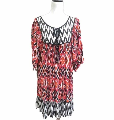 TALISMAN Summer Dress Size M/L Aztec Pattern Tassel Tie Front 3/4 Loose Sleeve - image 1 of 4