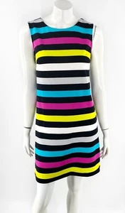Worthington Shift Dress Small Black Pink Blue White Striped Scuba Knit Stretch - Picture 1 of 6