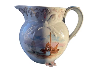 Frühe unmarkierte antike Eisenstein malerische Schiff Frau Familie Transferware Krug - Bild 1 von 8