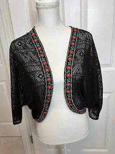 Flying Tomato Black Shrug Floral Trim Dolman Sleeve Open Front Size Medium - Picture 1 of 9