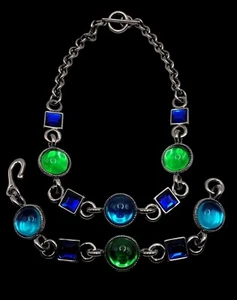 Y2K SEA GLASS Inspired Necklace/Bracelet Set Green Blue Teal Silver Tone Ocean - Picture 1 of 7