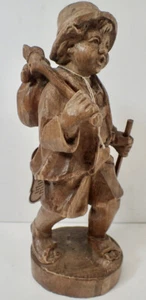 VTG. GERMAN HAND CARVED WOOD FIGURINE STATUE WANDERER BOY w/ HIKING STICK 9.25" - Picture 1 of 12