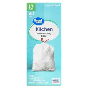 Great Value 13-Gallon Drawstring Tall Kitchen Trash Bags, Unscented, 40 Bags - Picture 1 of 7