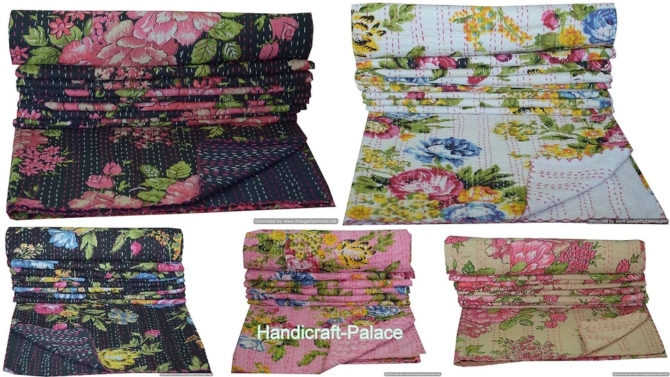 Indischer Zwilling Kantha Decke Floral Bedruckt Tagesdecke Baumwolle Vintage - Bild 1 von 1