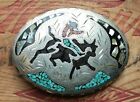 Vintage Hand Made  Turquoise Coral Abalone Bull Rider Inlay Western Belt Buckle