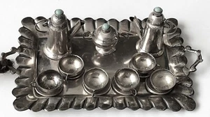 Set da tè vintage nativi americani indiani HM ARGENTO STERLING in miniatura con turchese - Foto 1 di 14