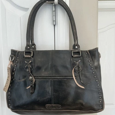 NOVO.  Bolsa de ombro Bed Stu Rockababy couro preta lavada à mão aparência desgastada - Imagem 1 de 4
