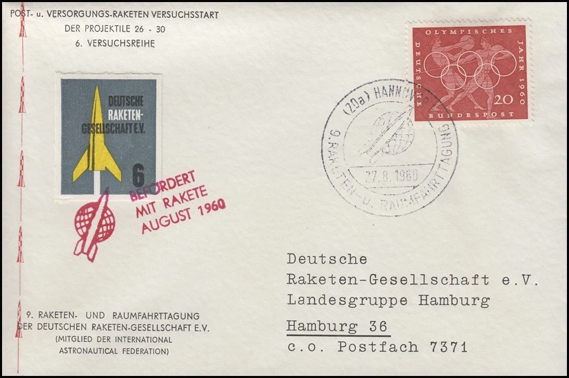 Raketenpost rot Befördert mit Rakete: 6. Versuchsreihe, SSt HANNOVER 27.8.60 - Bild 1 von 1