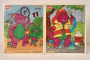 Juego de 2 rompecabezas de madera Barney 1993 vintage | Rompecabezas de bandeja Playskool hechos en EE. UU. - Imagen 1 de 12