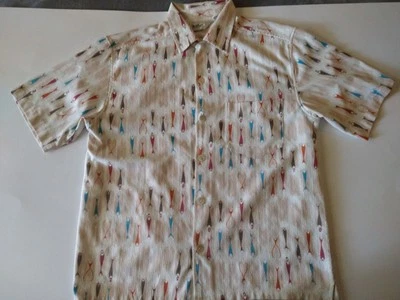 Vintage Da Vinci California Shirt Mens Medium Ivory Fish Pattern Lounge Surf  - Image 1 of 4