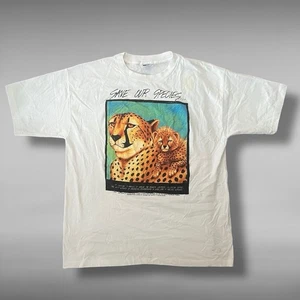 T-shirt grafica conservazione ghepardi Save Our Species vintage anni 90 XL punto singolo - Foto 1 di 14