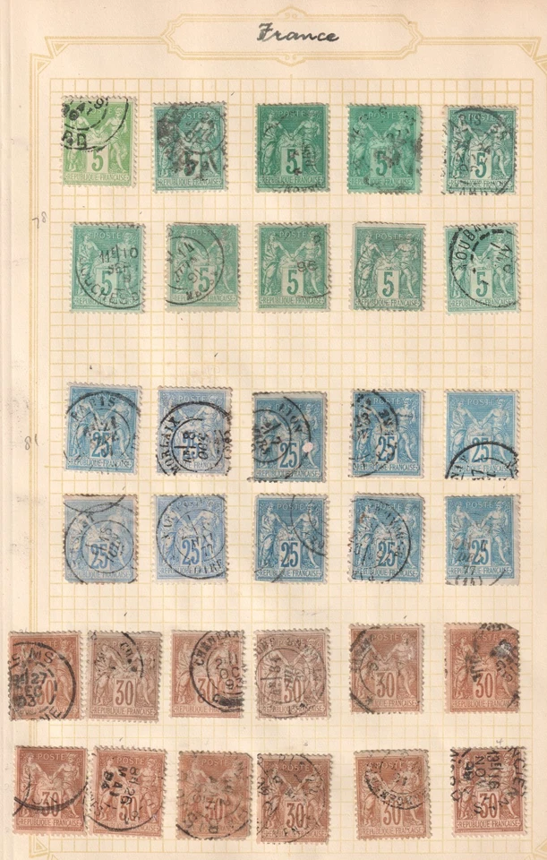 Page of Classic France Stamps 1870-1890 - Peace and Commerce Series - Image 1 of 1