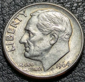 1964 10c Silver Dime Struck Through Grease Error 90% Silver Roosevelt Full Bands - Picture 1 of 10
