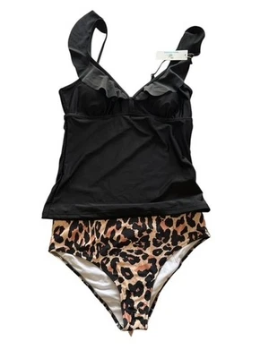 Tankini Beachissi para mujer talla grande negro parte superior parte inferior de leopardo correas ajustables Foto 1 de 4