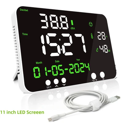 BTMETER Decibel Meter Wall Mounted Sound Level Meter Noise Temp Humidity Time 11Inch LED