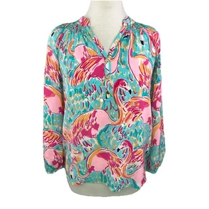 Lilly Pulitzer Gr. XXS Elsa 100% Seide Top Peel and Eat Pink Flamingo Blau - Bild 1 von 8