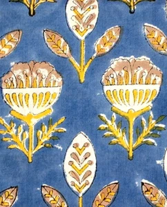 Blue Yellow By the Yard Indian Block Print Floral Fabric for Sewing Clothing - Picture 1 of 10