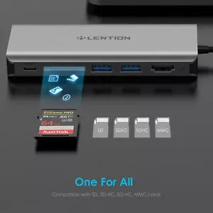 LENTION USB-C HUB Thunderbolt 3 to USB 3.0 HDMI Ethernet PD Adapter Card Reader - Picture 1 of 4
