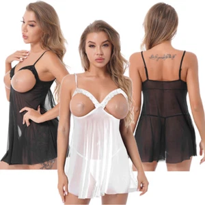 Mujeres Traje Transparente Conjunto de Malla Copa Abierta Ropa Interior Vestido Camisones Pijamas - Imagen 1 de 27