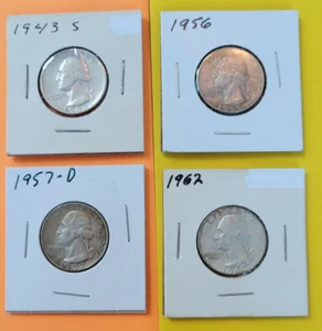 Lot of 4 - 1943-S 1956 1957-D 1962 Silver Washington Quarters 25 Cents US Coins - Picture 1 of 9