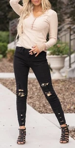 Judy Blue Leopard Patch Mid Rise Skinny Ankle Jeans Raw Hem Stretch Black 7 / 28 - Picture 1 of 6
