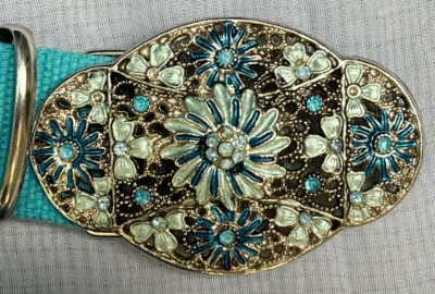 Beautiful Enamel and crystal Belt Buckle on a Wide Turquoise Belt - size 11 39" - Image 1 of 4