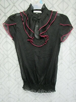 Top Charlotte Russe Talla S Negro Transparente Cuello Volantes Manga Corta Cintura Elástica Foto 1 de 4