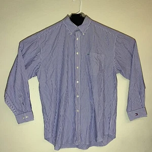 Vintage Herren Tommy Hilfiger Golf Lila Vert. Gestreiftes Hemd mit Knopfleiste RAR Größe L - Bild 1 von 6