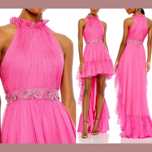 NWT $398 Mac Duggal [ 8 ] Halter Neck High-Low Gown In Hot Pink #Q676 - Picture 1 of 18