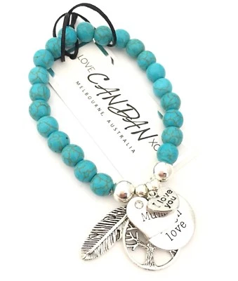 Mum I Love You Beaded Turquoise Charm Bracelet Live Laugh Love Angel Wing Gift - Image 1 of 3
