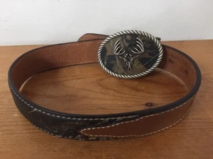 Nocona Belt Company Modern Camo & Brown Leather Metal Deer Skull Belt Kids Sz 18 - Picture 1 of 10