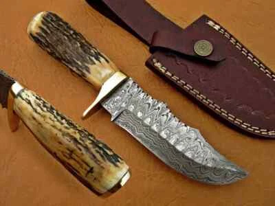 Damascus Deer Antler Hunting Knife, Brass Clip, Deer Antler Handle, Fixed Blade - Image 1 of 4
