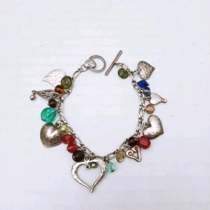 Charm Bracelet Hearts Multicolor Glass Beads Figaro Links Toggle 7.5" Silvertone - Picture 1 of 9