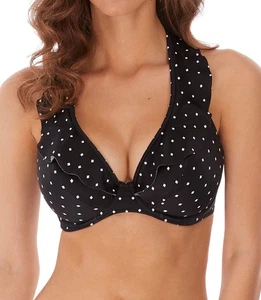 Freya Jewel Cove Bikini Top Black White Size 34D High Apex Plunge Frilled 7230 - Picture 1 of 12