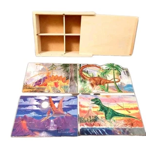 4 Dinosaurs Jigsaw Puzzles in a Wooden Box by Melissa & Doug GUC binI - Picture 1 of 9