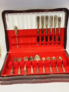 1851 ONEIDA Silverplate Flatware WM Rogers Proposal Wood Box Red Felt 40pc - Picture 1 of 20
