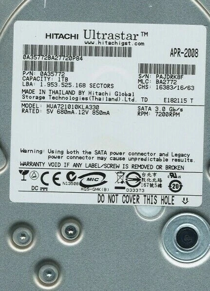 Hitachi Ultrastar 0A35772 1TB 7.2K RPM 3Gbps SATA 3.5" LFF Drive HUA721010KLA330 - Image 1 of 1