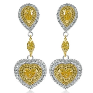 Art Deco Design 3.00 CT Heart Fancy Yellow Diamond Drop Earrings 18k White Gold - Picture 1 of 4