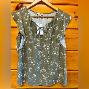 Como Blu XL Shiny Silver Green Womens Short Flutter Sleeve Blouse Tie Front - Picture 1 of 4