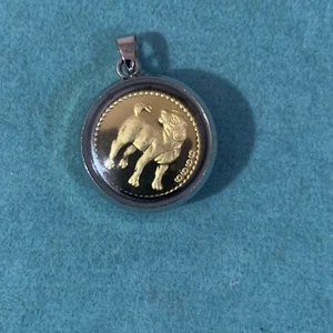 Ciondolo moneta filante cane segno zodiacale cinese oro giallo 9999 24 carati cornice argento - Foto 1 di 11